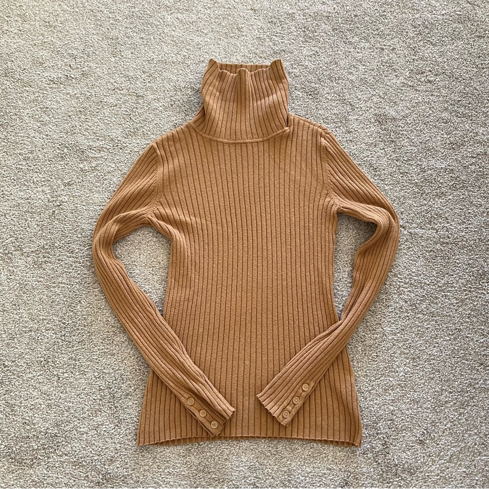Charter Club Ribbed Fitted Cotton Tan Turtleneck Sweater - Picture 6 of 10